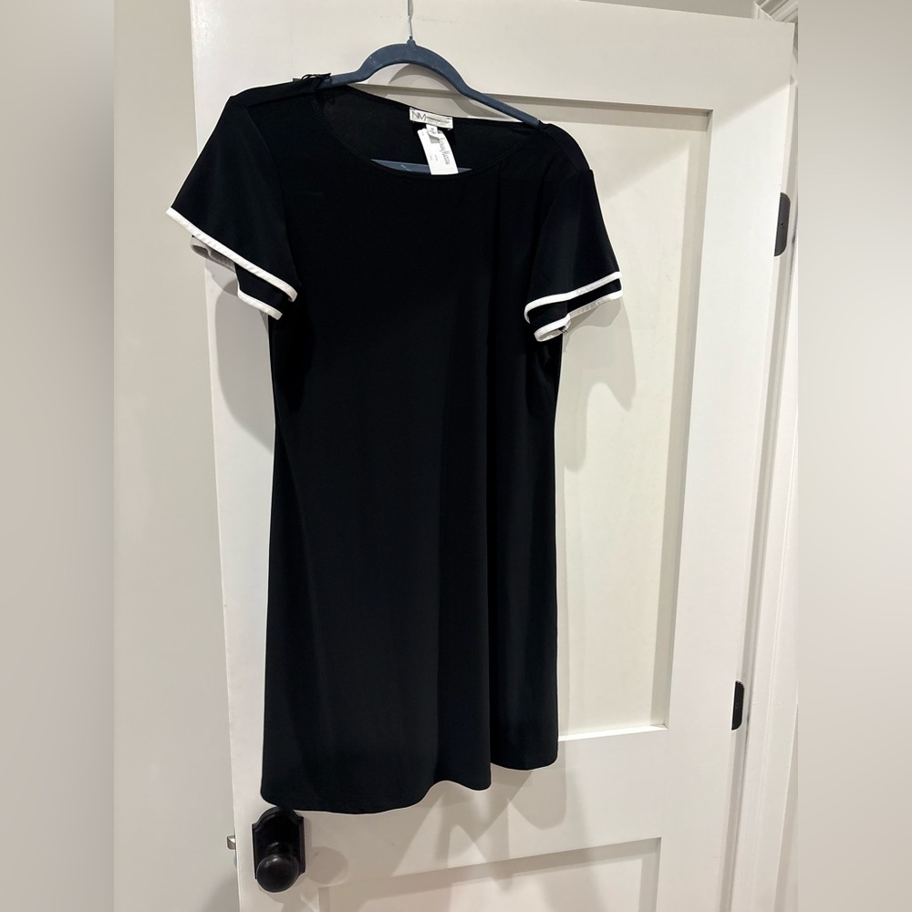 Neiman Marcus Black Mini Shift Dress with White Sleeve Trim
